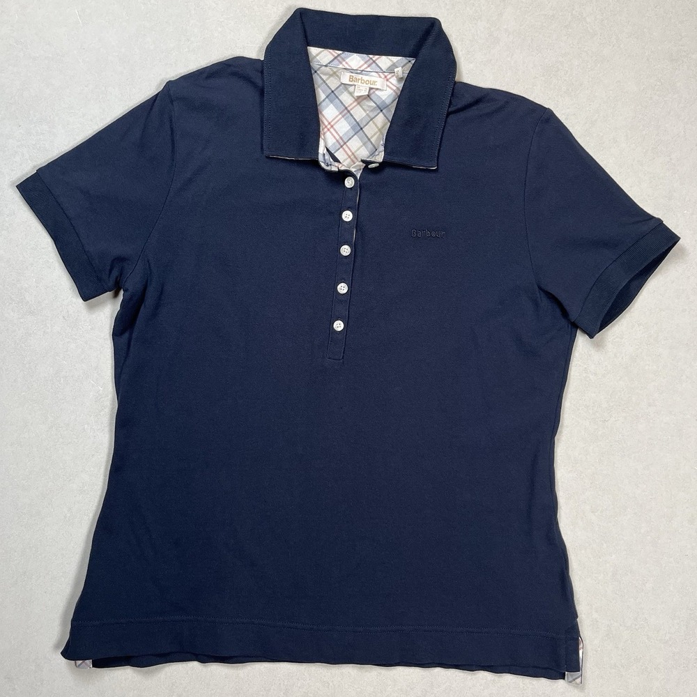 Barbour Women's Navy Portsdown Short Sleeve Polo Shirt Top Sz 10 Tartan Preppy - Picture 2 of 7